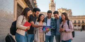 Estudiantes universitarios sonriendo mientras exploran descuentos en una tablet en España.