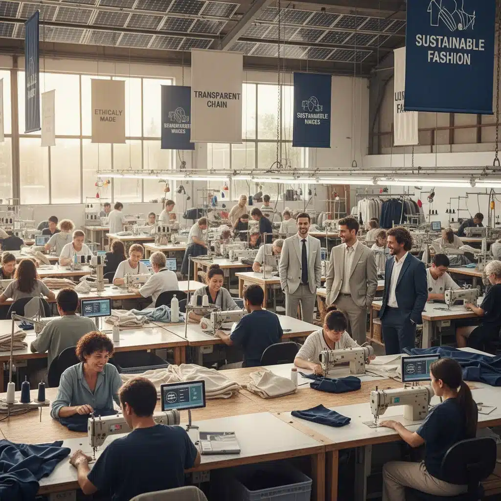Ethical garment factory workers, fair labor practices, sustainable production.