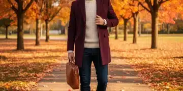 Stylish man in burgundy overcoat and cream sweater amidst fall leaves