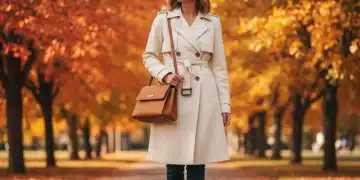 Woman in versatile fall trench coat and jeans, showcasing budget fashion