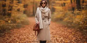 Woman in stylish trench coat and scarf, walking through autumn leaves, perfect for fall wardrobe transition.