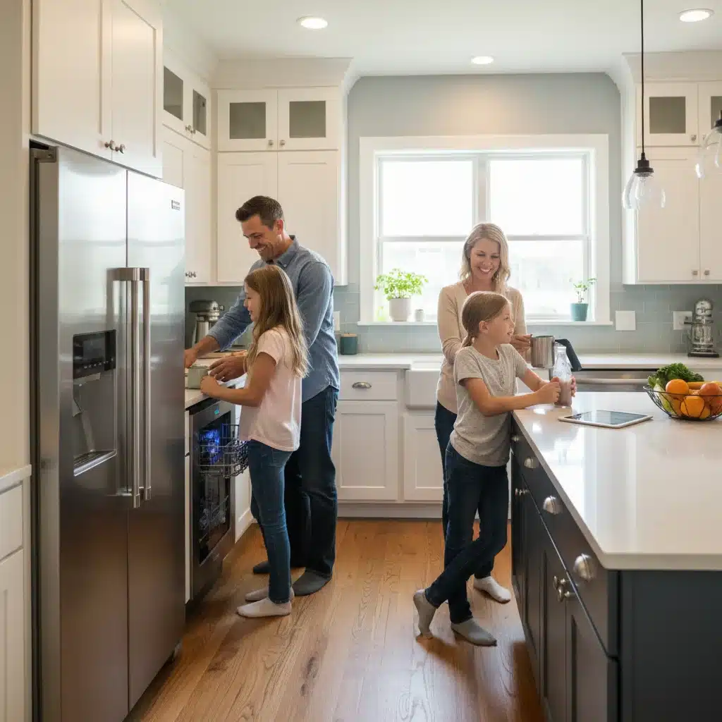 Familia feliz en una cocina moderna con electrodomésticos nuevos y eficientes, disfrutando del ahorro y la comodidad.