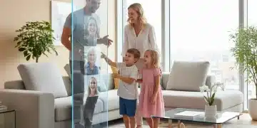 Family interacting with a smart display in a modern living room.