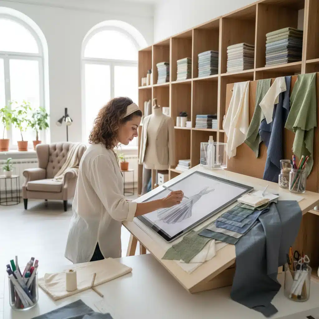 Fashion designer working with sustainable fabric swatches, illustrating ethical design process.