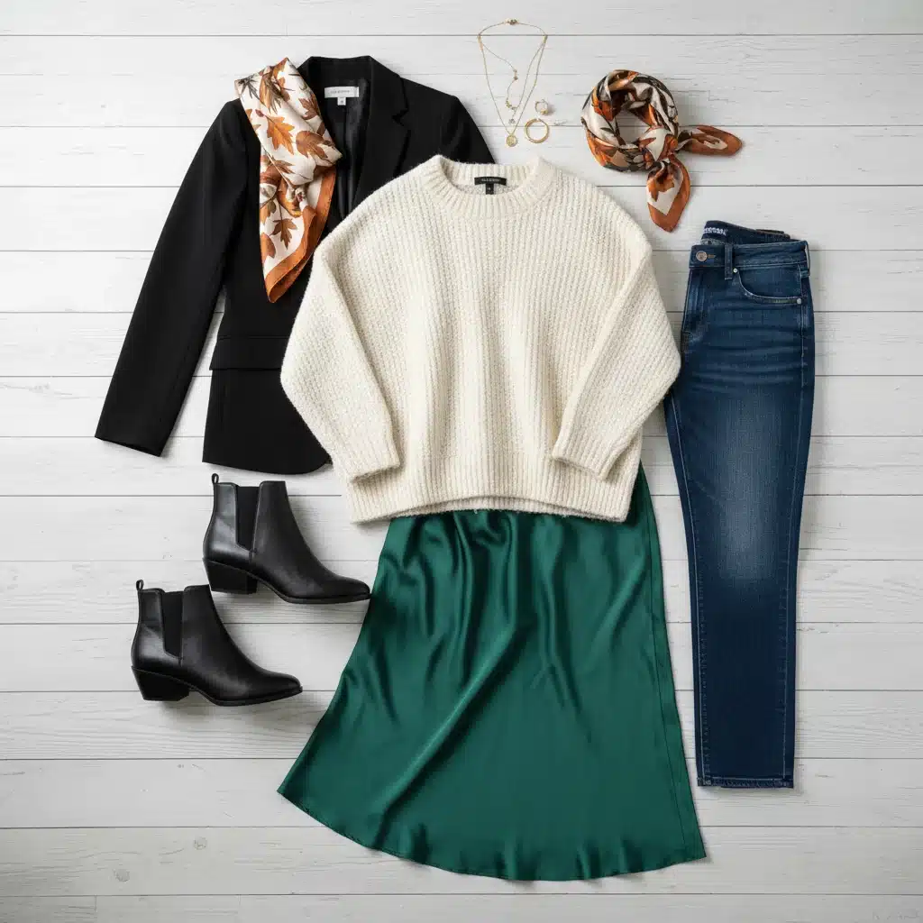 Flat lay of five essential fall wardrobe pieces for versatile styling
