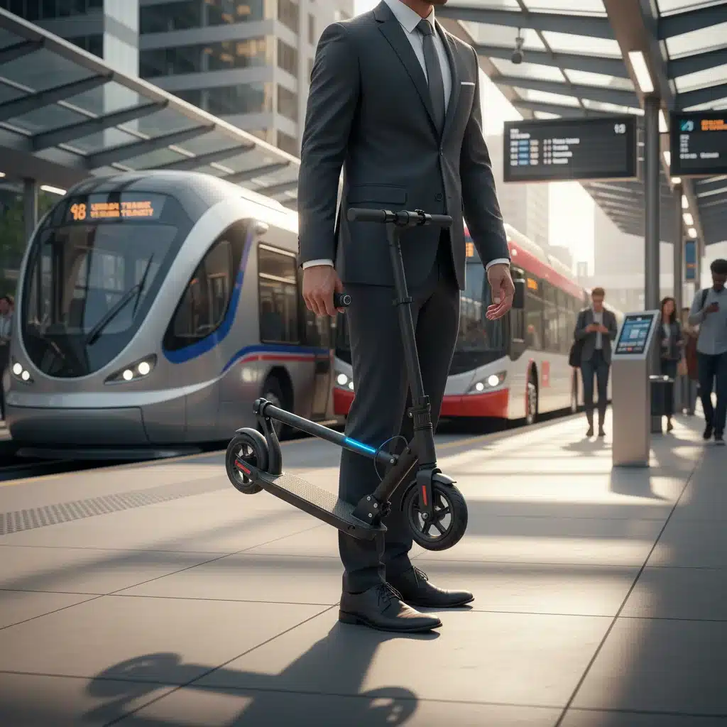 Person folding an electric scooter near a public transport station, emphasizing portability.
