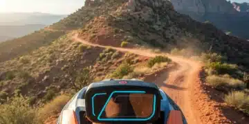 Futuristic action camera mounted on a mountain biker's helmet capturing a mountain trail.