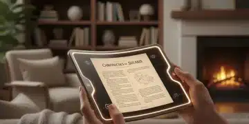Person holding a sleek e-reader with a bright, clear screen showing a book, in a comfortable home setting.