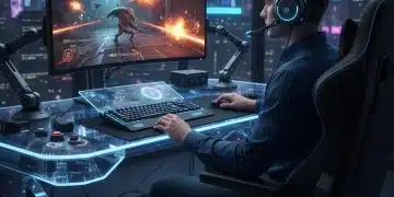 Gamer wearing a high-tech gaming headset playing on a powerful PC setup in 2026.