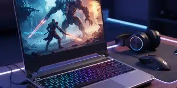 Futuristic gaming laptop with RGB keyboard displaying a high-fidelity game
