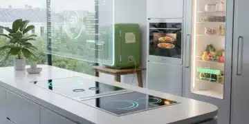 Futuristic kitchen with smart appliances highlighting energy efficiency