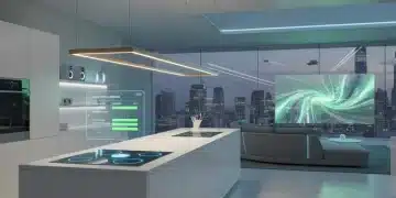 Futuristic smart home interior with integrated appliances and automation dashboard