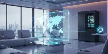 Futuristic smart home interior with integrated AI and IoT technology