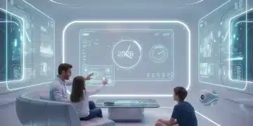 Futuristic smart home living room with integrated technology and seamless automation.