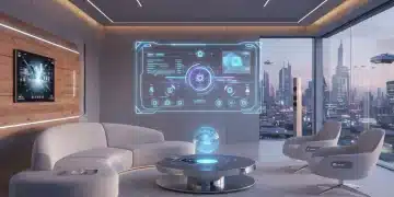 Futuristic smart living room with holographic AI interface and integrated smart devices.