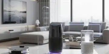 Futuristic smart speaker in a modern living room, showcasing advanced audio and AI features.