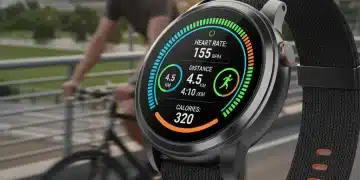 Close-up of a futuristic smartwatch showcasing advanced fitness metrics during a dynamic workout session, emphasizing its sleek design and data clarity.