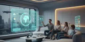 Family using voice control in a futuristic smart home living room, 2026