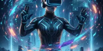 Futuristic user experiencing advanced VR headset in a vibrant virtual world