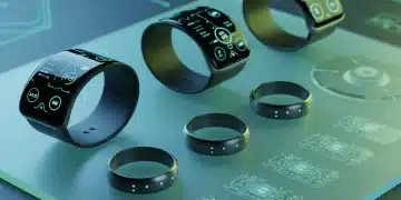 Futuristic wearable devices for health monitoring on a glowing surface with data visuals.