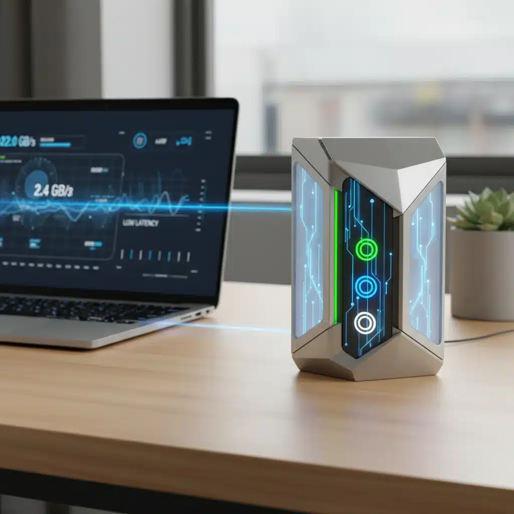 Futuristic Wi-Fi mesh node on a desk with laptop demonstrating high speed connection