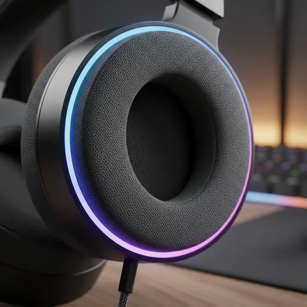 Close-up of a comfortable gaming headset ear cup with memory foam and breathable material.