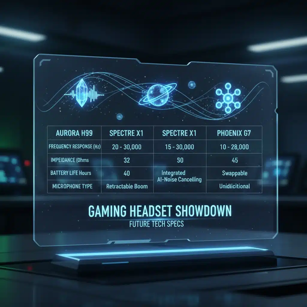 Infographic comparing technical specifications and features of several top gaming headsets.