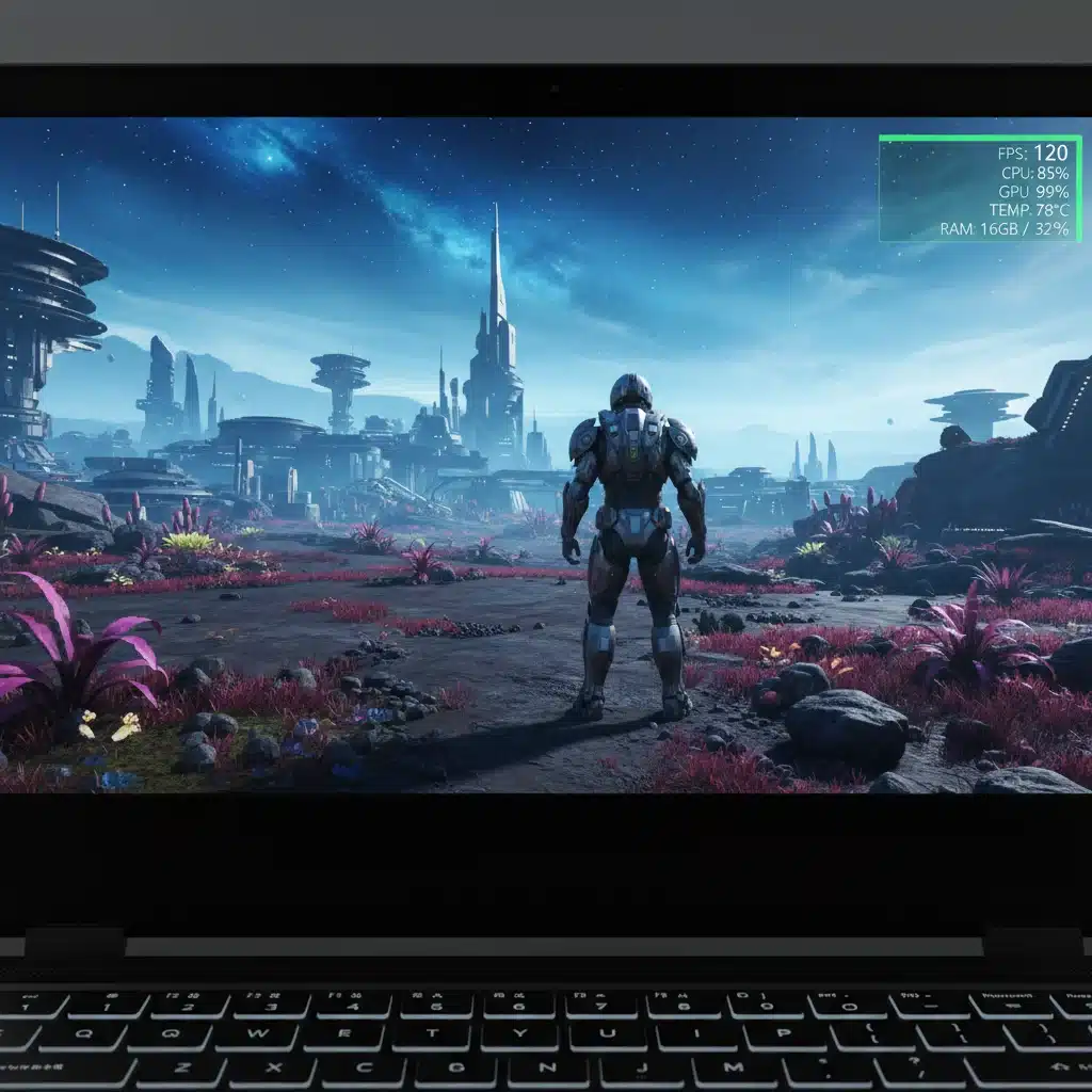 Gaming laptop display showing in-game graphics and performance metrics