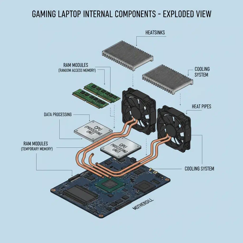 Exploded view diagram of gaming laptop internal components: CPU, GPU, RAM, cooling system