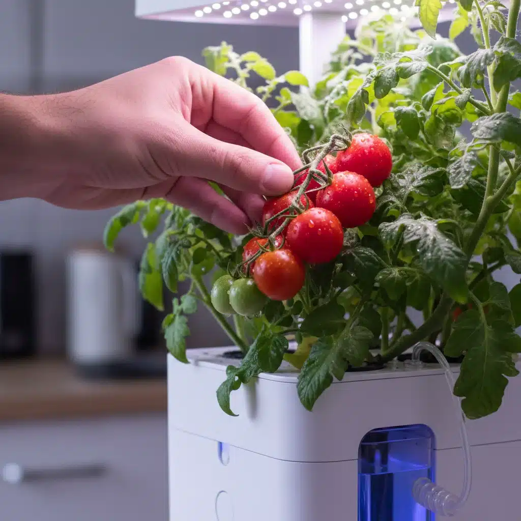 Hand harvesting cherry tomatoes from an indoor smart garden