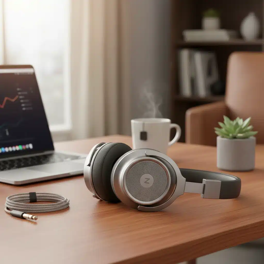 High-end noise-canceling headphones on a desk next to a laptop