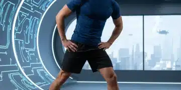 Hombre atlético con ropa deportiva de alta tecnología en un gimnasio moderno, reflejando estilo y funcionalidad.
