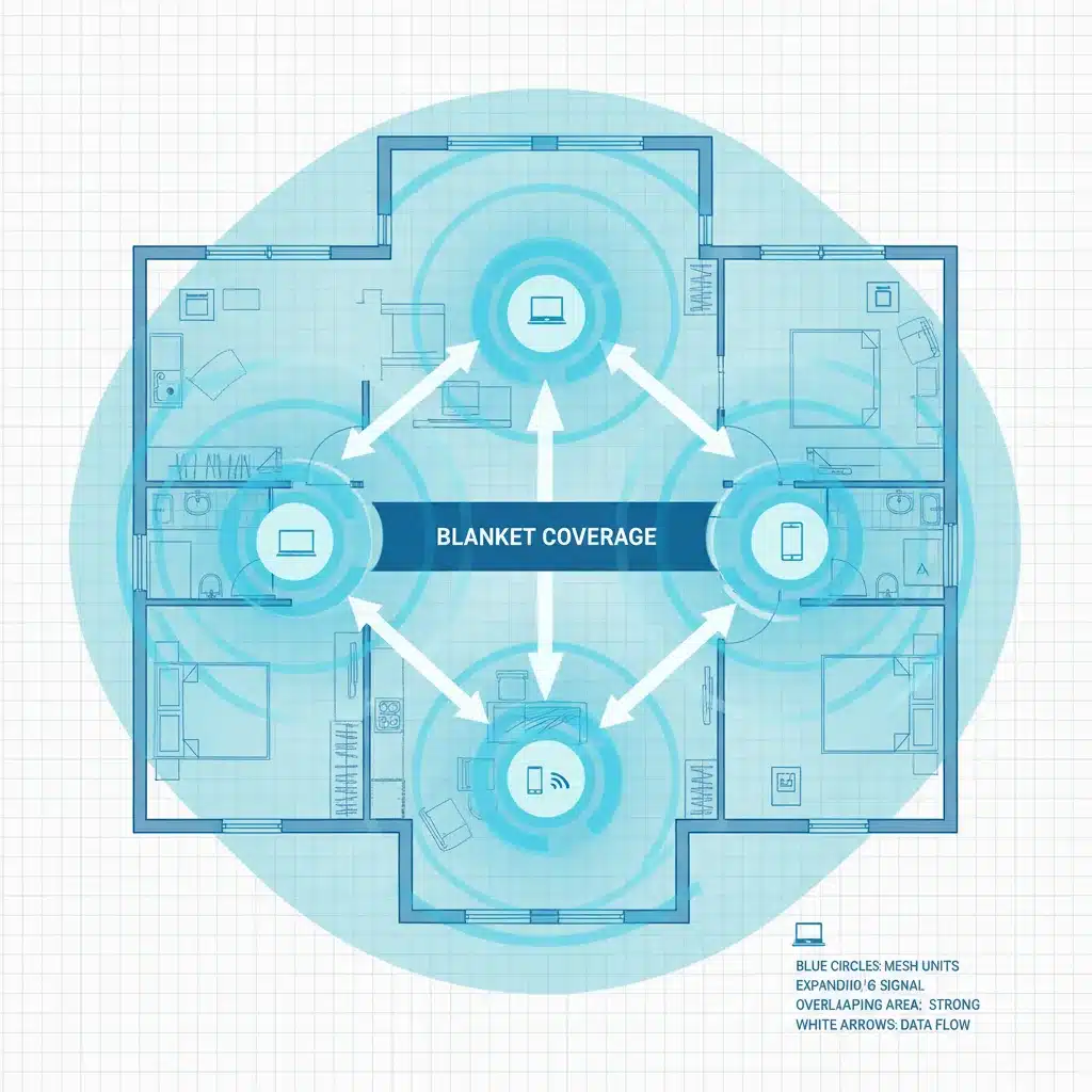 Home floor plan illustrating optimal Wi-Fi mesh unit placement for full coverage