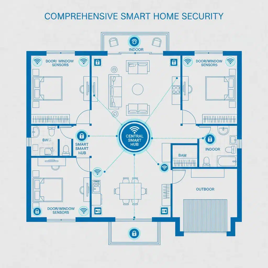 Home floor plan with strategically placed smart security sensors and cameras