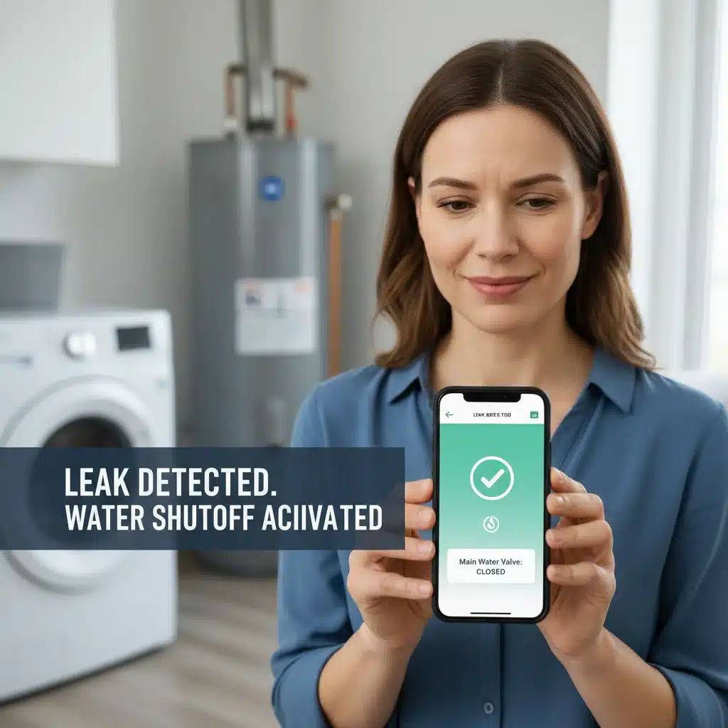 Homeowner checking smart leak detector app on smartphone