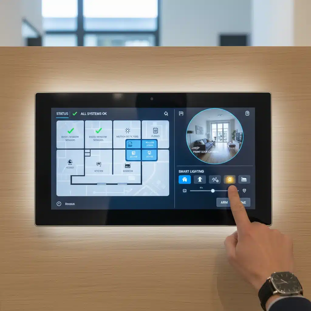 Integrated smart home security control panel displaying connected devices