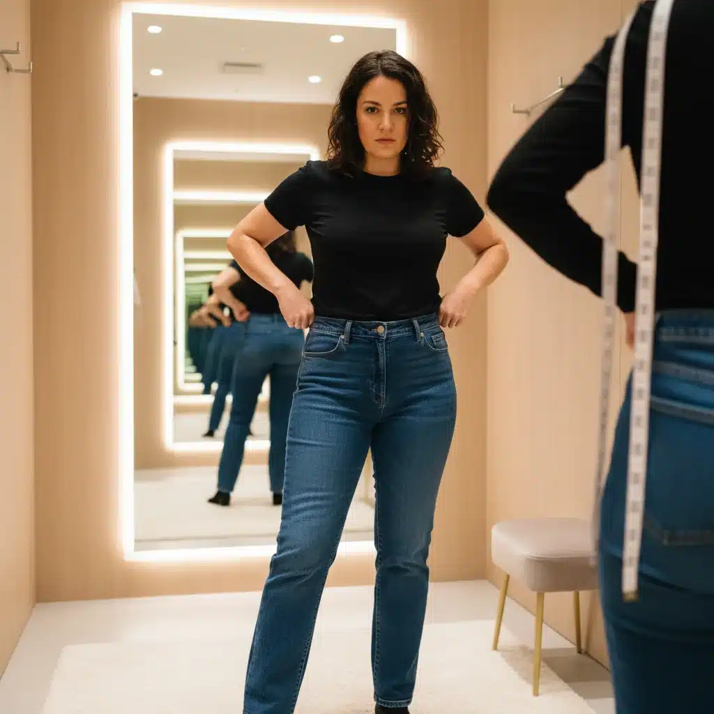 Person evaluating the fit of jeans in a fitting room, focusing on waist and hip area.