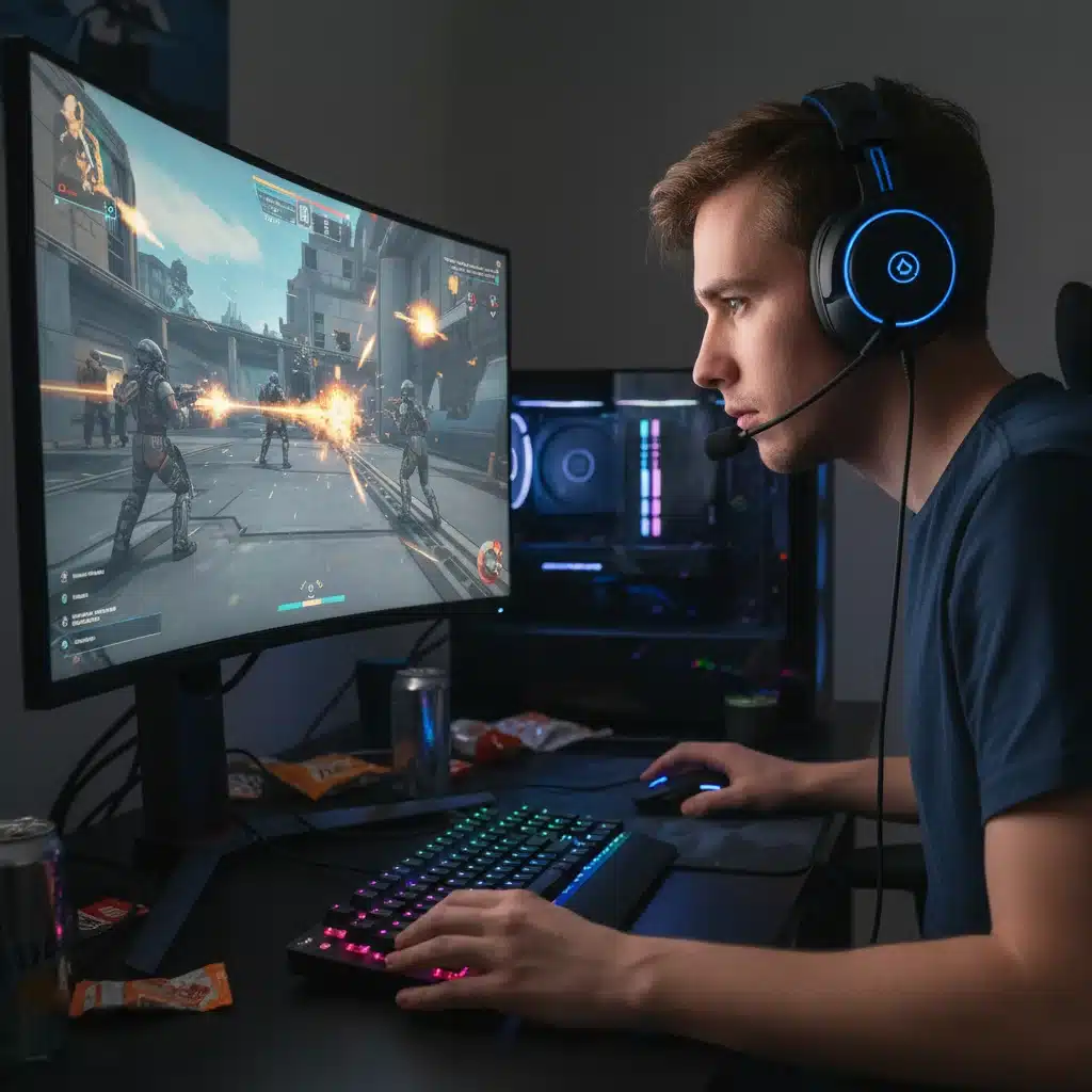 Jugador concentrado en un monitor gaming curvo durante una partida competitiva online.