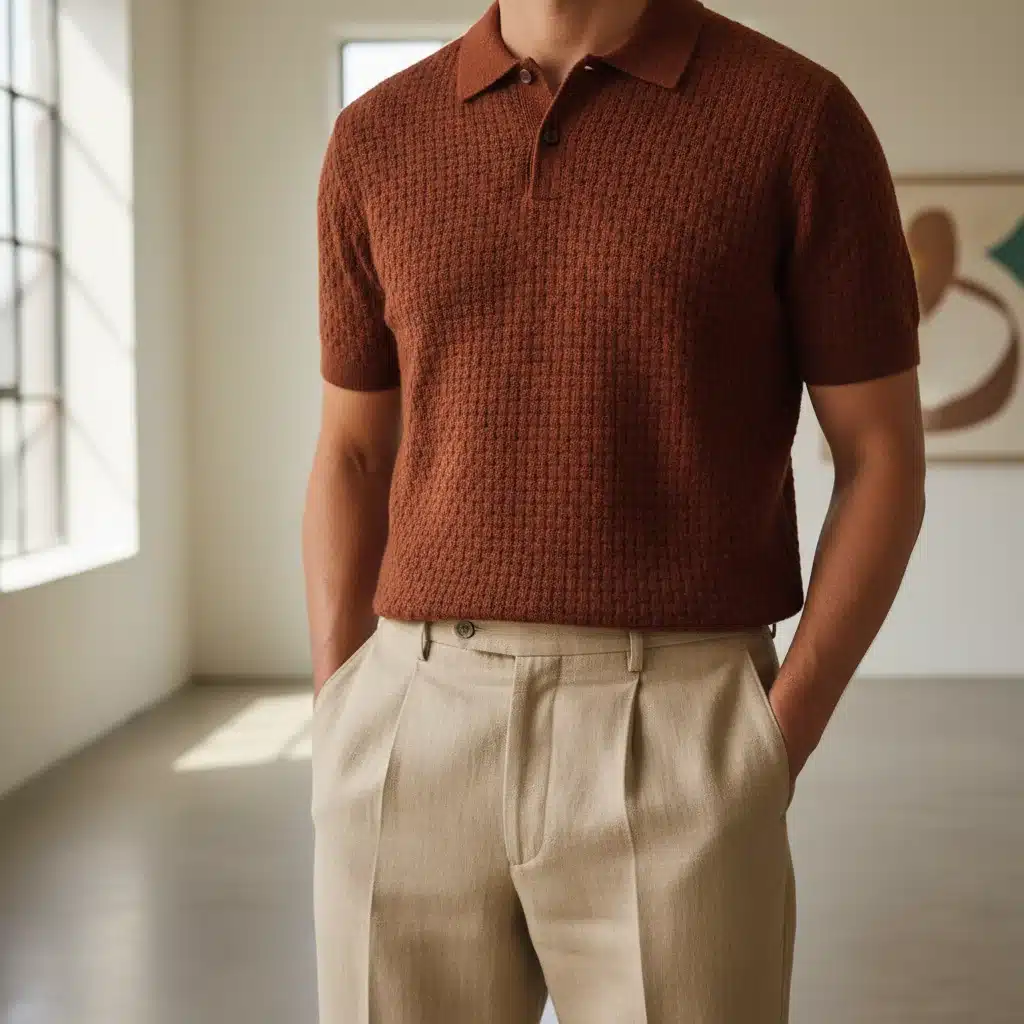 Man wearing a premium knit polo shirt and relaxed-fit trousers
