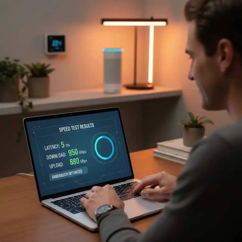 Speed test showing low latency after smart home network optimization.