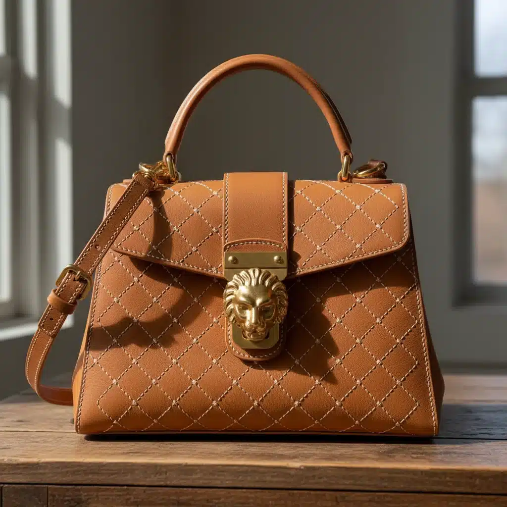 Detailed view of a luxury designer handbag, emphasizing craftsmanship and material quality.