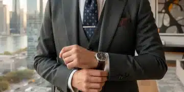Man adjusting luxury watch with elegant tie clip and leather wallet