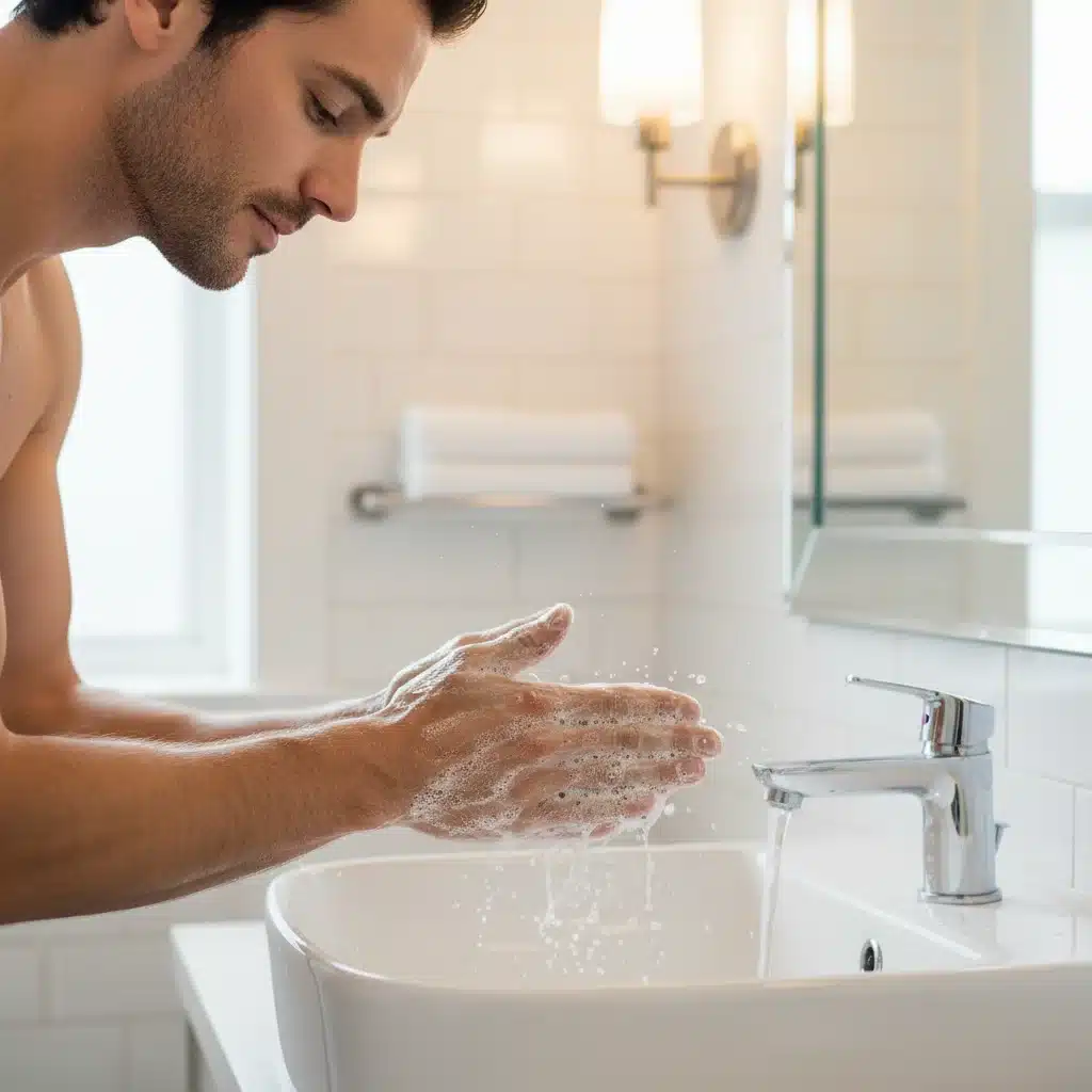 Man cleansing his face with a gentle foaming cleanser, demonstrating proper skincare technique.