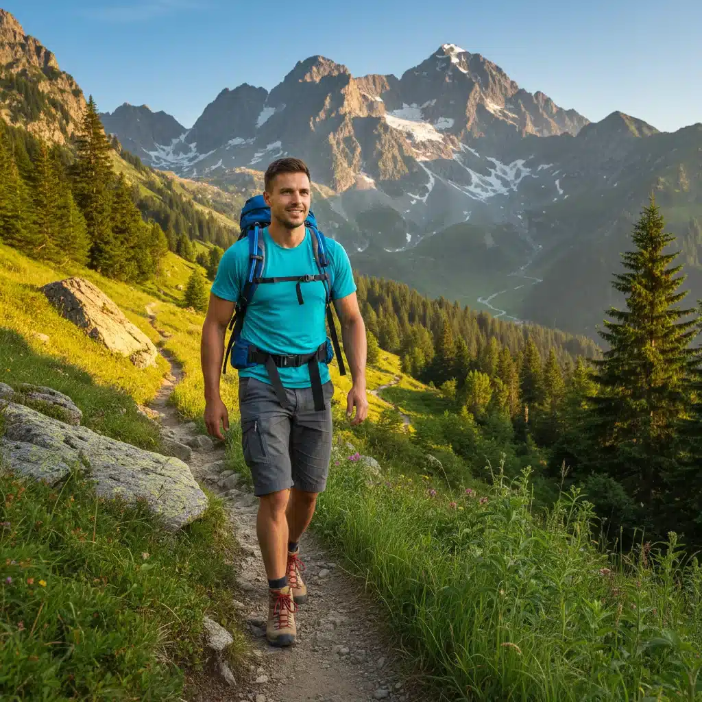 Man hiking in activewear on a mountain trail, enjoying nature.