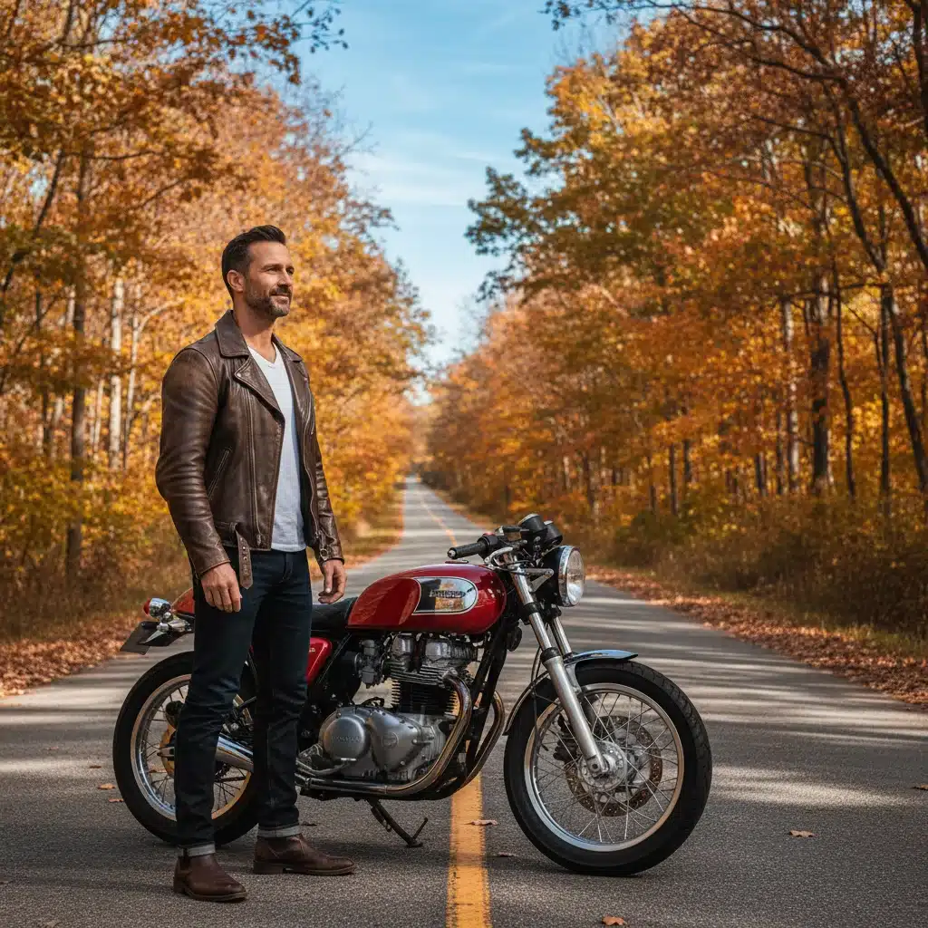 Man in classic brown leather jacket with vintage motorcycle