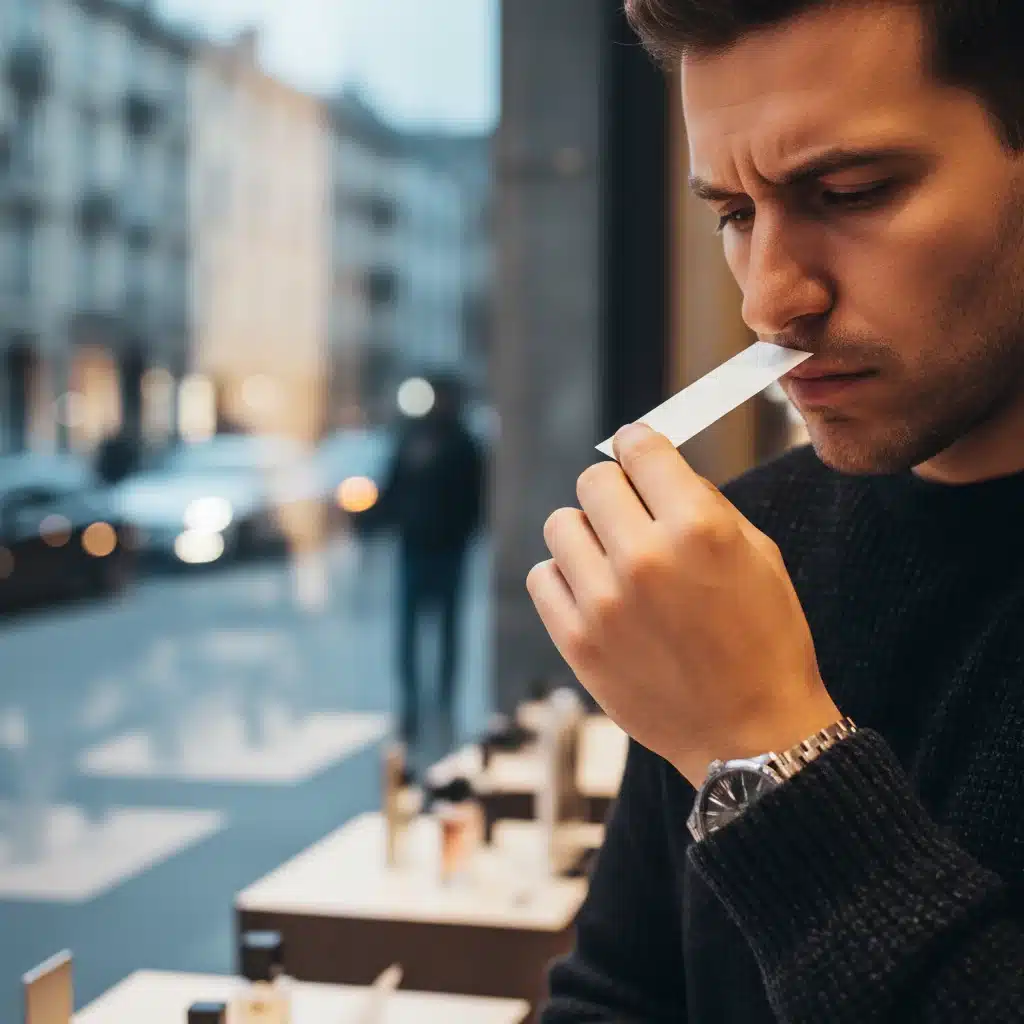 Man thoughtfully smelling a fragrance blotter in a city setting