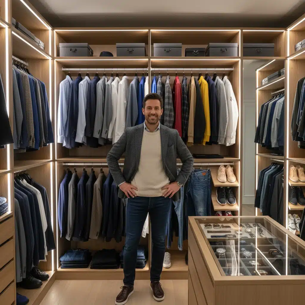 Man admiring his newly organized and stylish wardrobe.