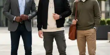 Three men after a successful style transformation, confident and stylish in diverse outfits.