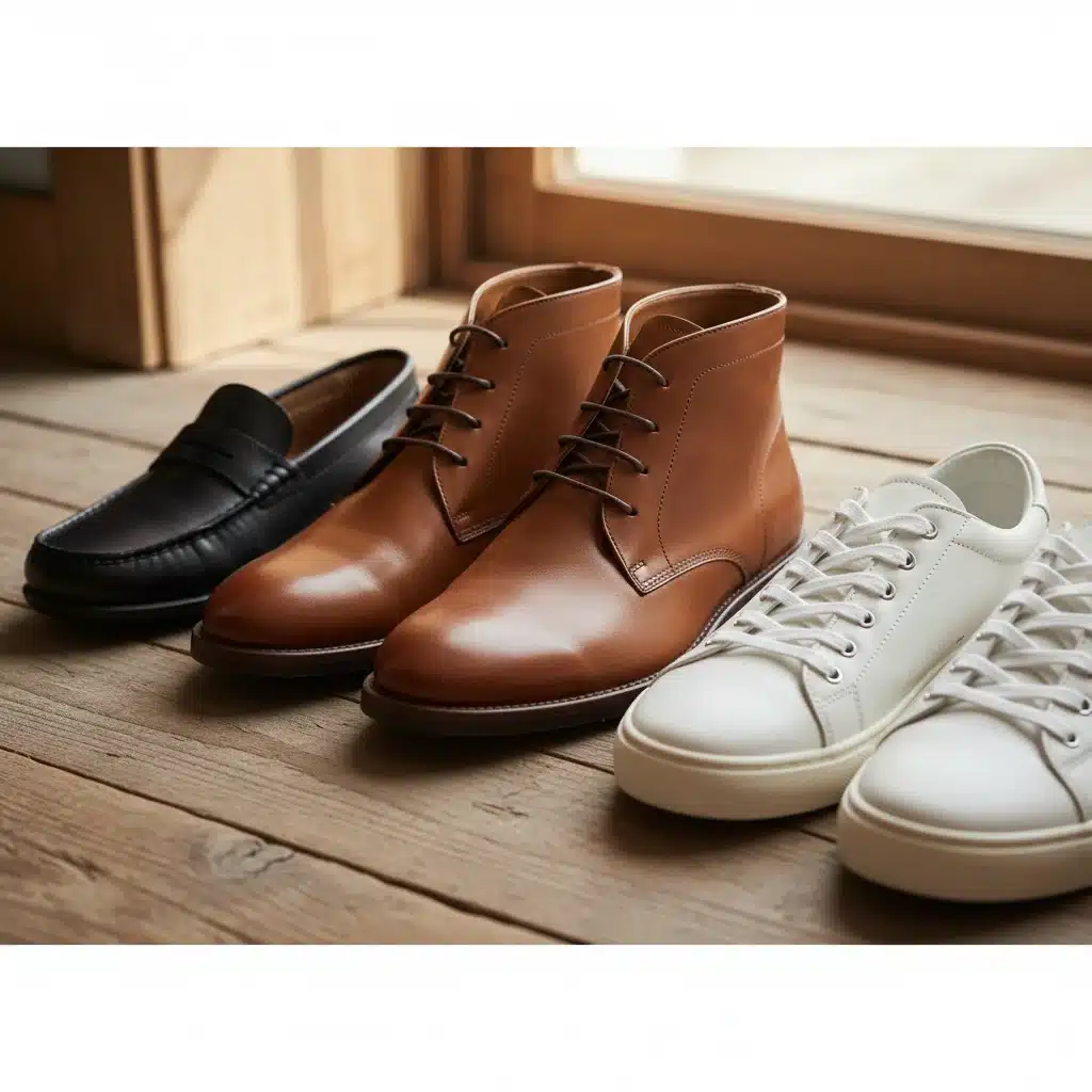 Selection of men's fall footwear: chukka boots, loafers, and sneakers