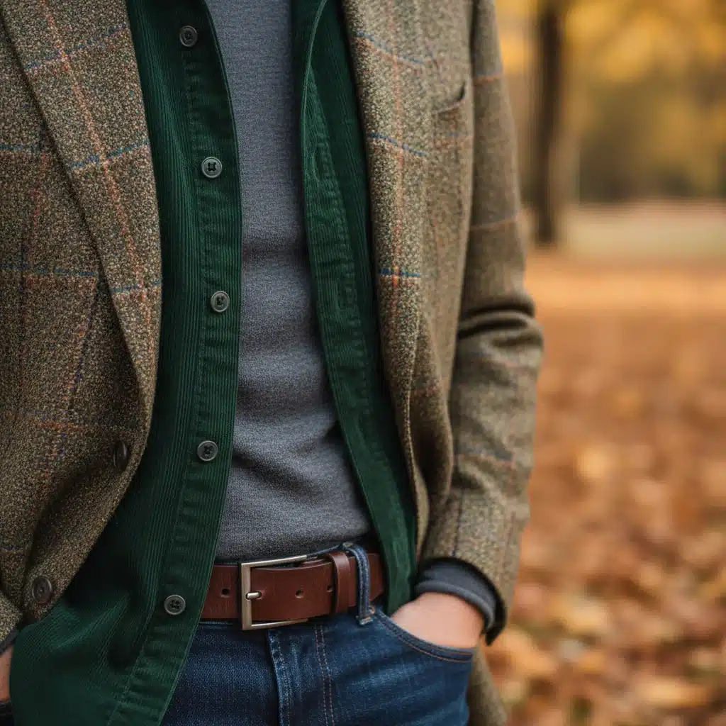 Close-up of men's layered fall outfit with turtleneck and corduroy overshirt
